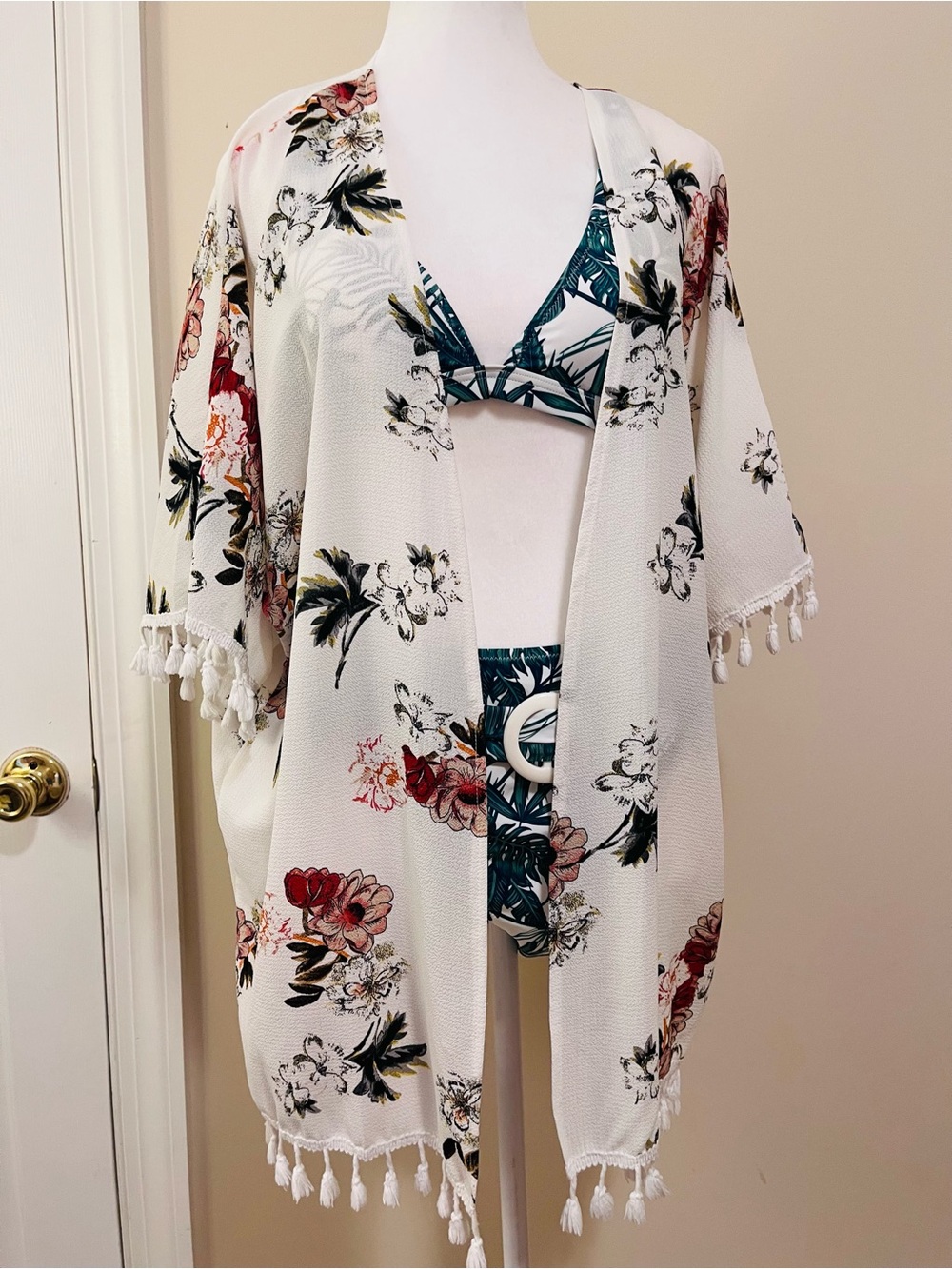 Cupshe White Floral Tassel Swim Coverup with Red and Green Accents